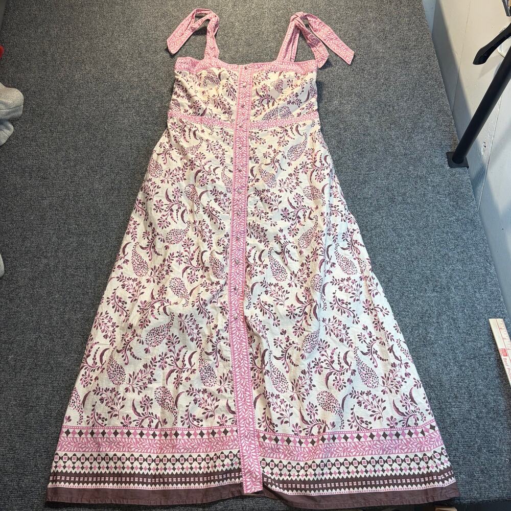 Lea Pink White Button Cotton Sleeveless Midi Dress Tie Straps Boho Women Medium
